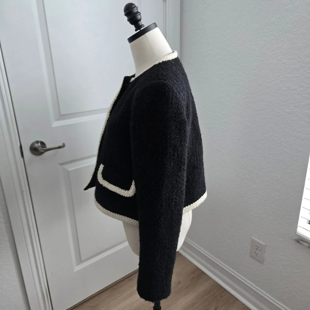 Ba&sh Lady Jacket Black Boucle Contrast Trim Gold Button Cropped Blazer Size 1